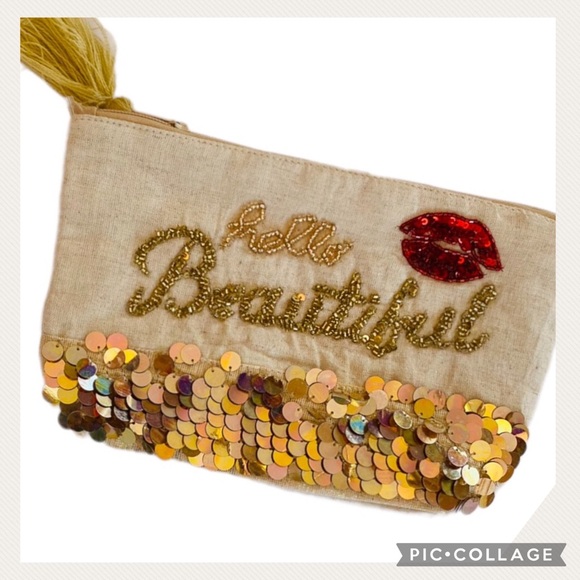 NWT 2X HP Cream Stunning Gold Sequins Cosmetic Bag - Picture 1 of 5
